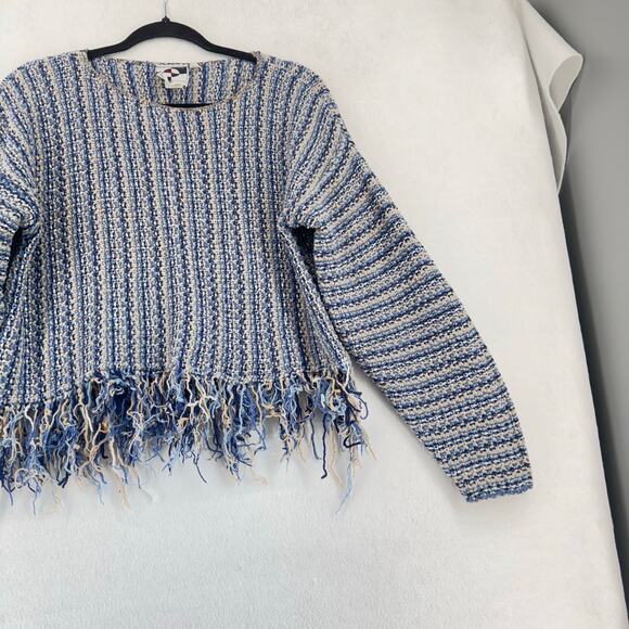 It’s Our Time Vintage Cotton Knit Sweater Fringe Hem Blue Beige Striped USA Made - Picture 6 of 6